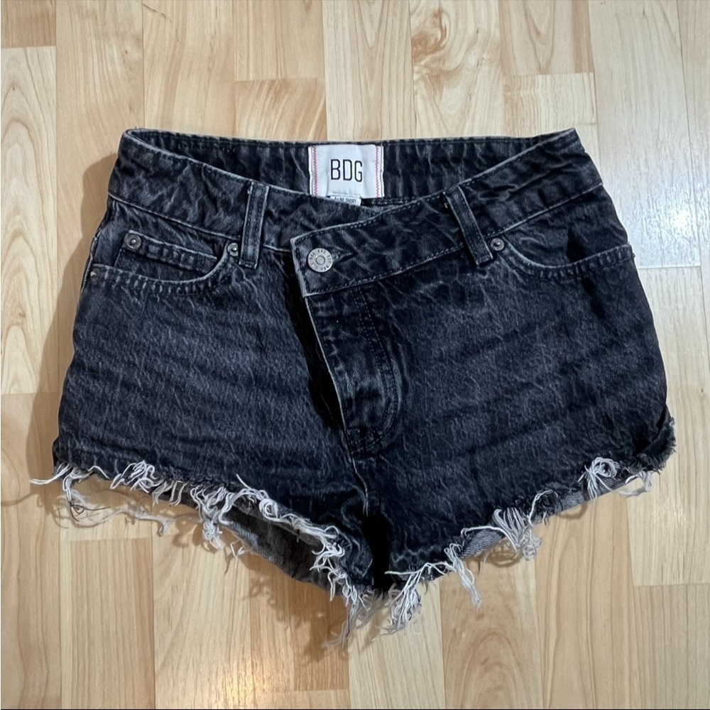 Urban Outfitters BDG Raw Hem Denim Shorts Black Asymmetrical Button Size 24